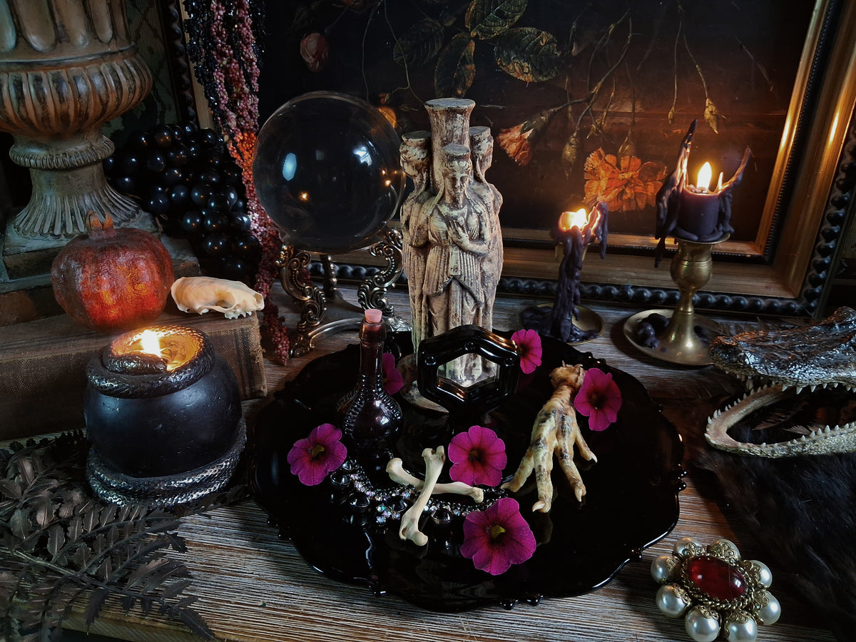 Vintage Black Glass Altar & Offering Tray
