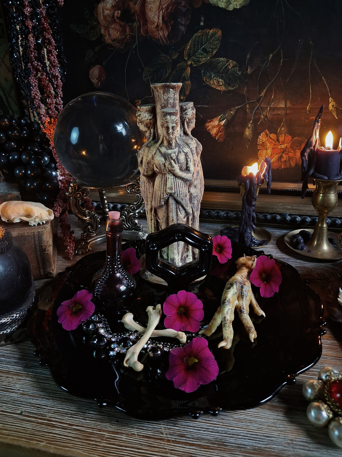 Vintage Black Glass Altar & Offering Tray