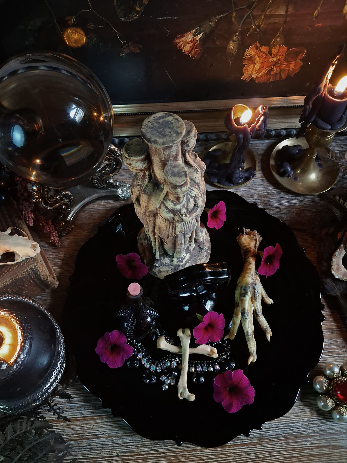 Vintage Black Glass Altar & Offering Tray