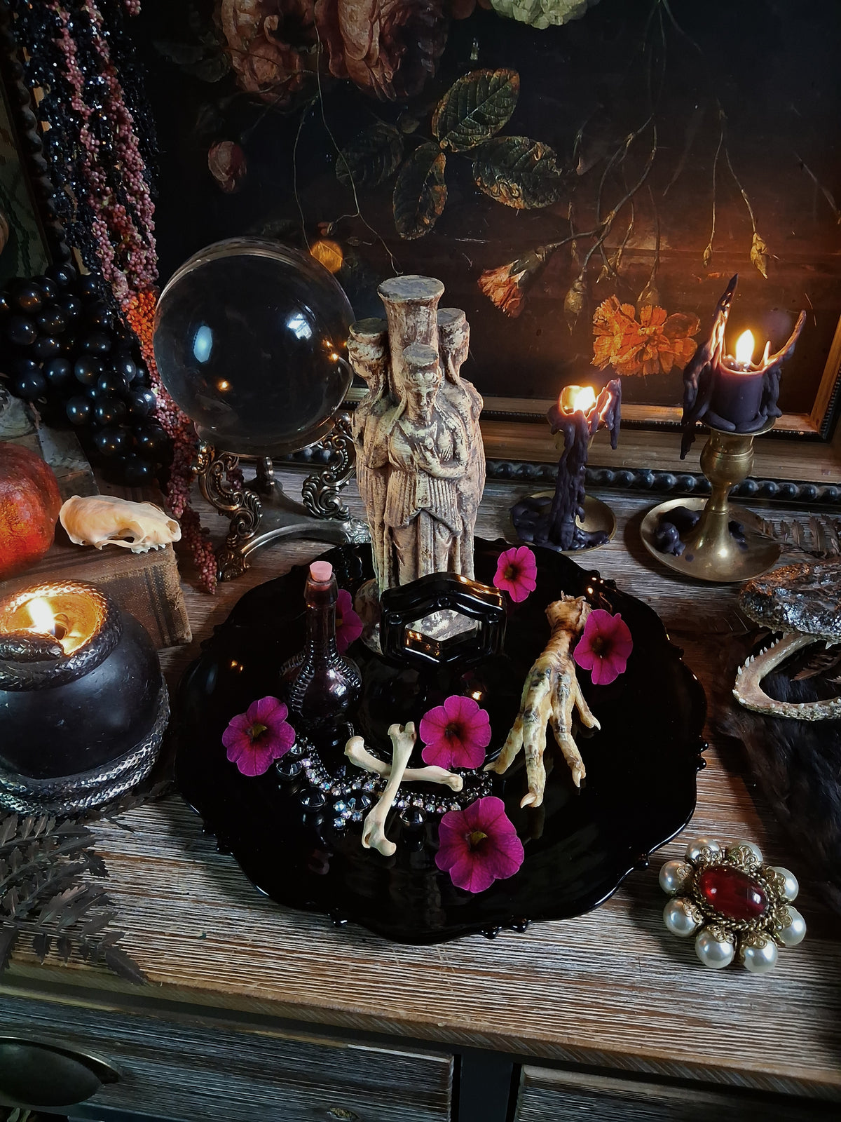 Vintage Black Glass Altar & Offering Tray
