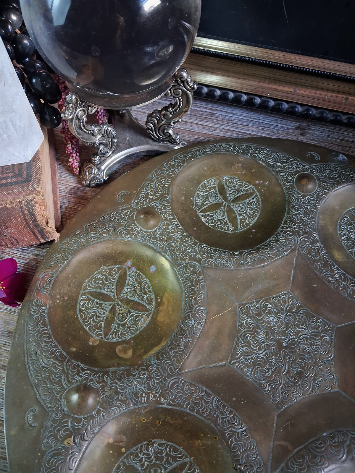 Vintage Engraved Brass Six-Compartment Altar Tray