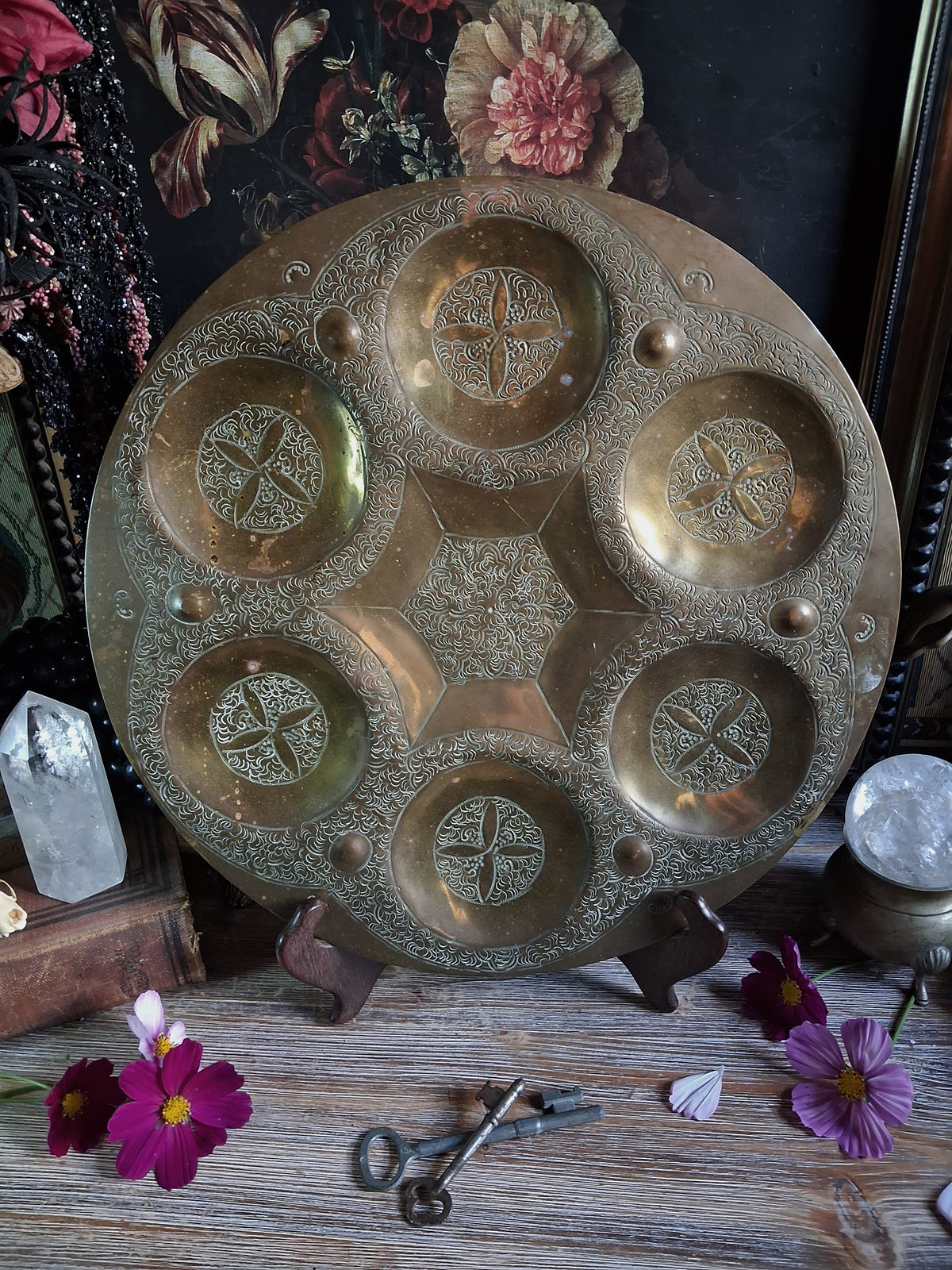 Vintage Engraved Brass Six-Compartment Altar Tray