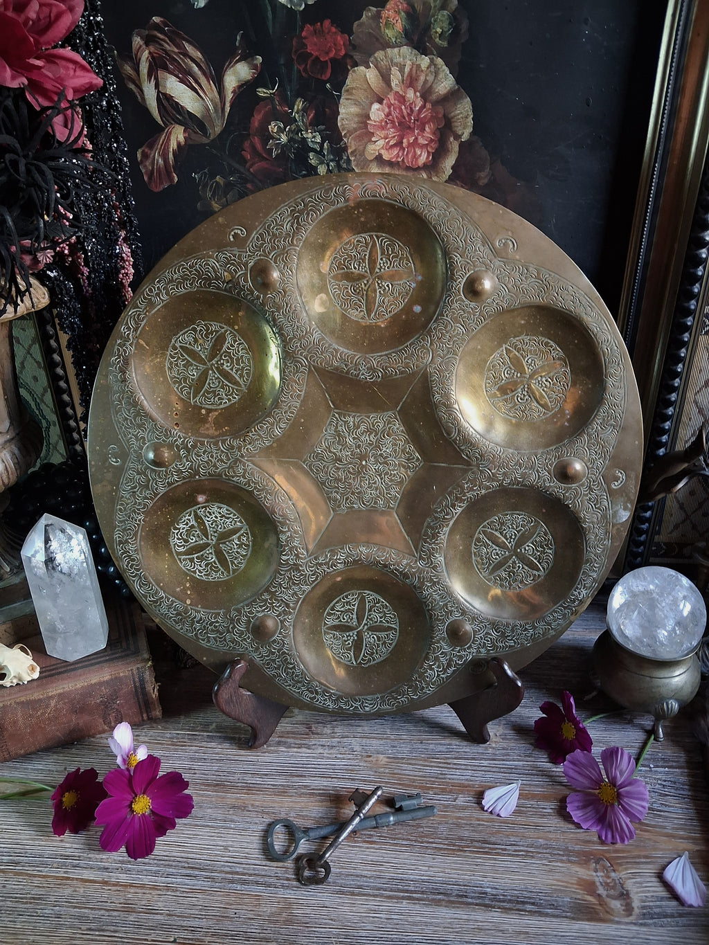 Vintage Engraved Brass Six-Compartment Altar Tray