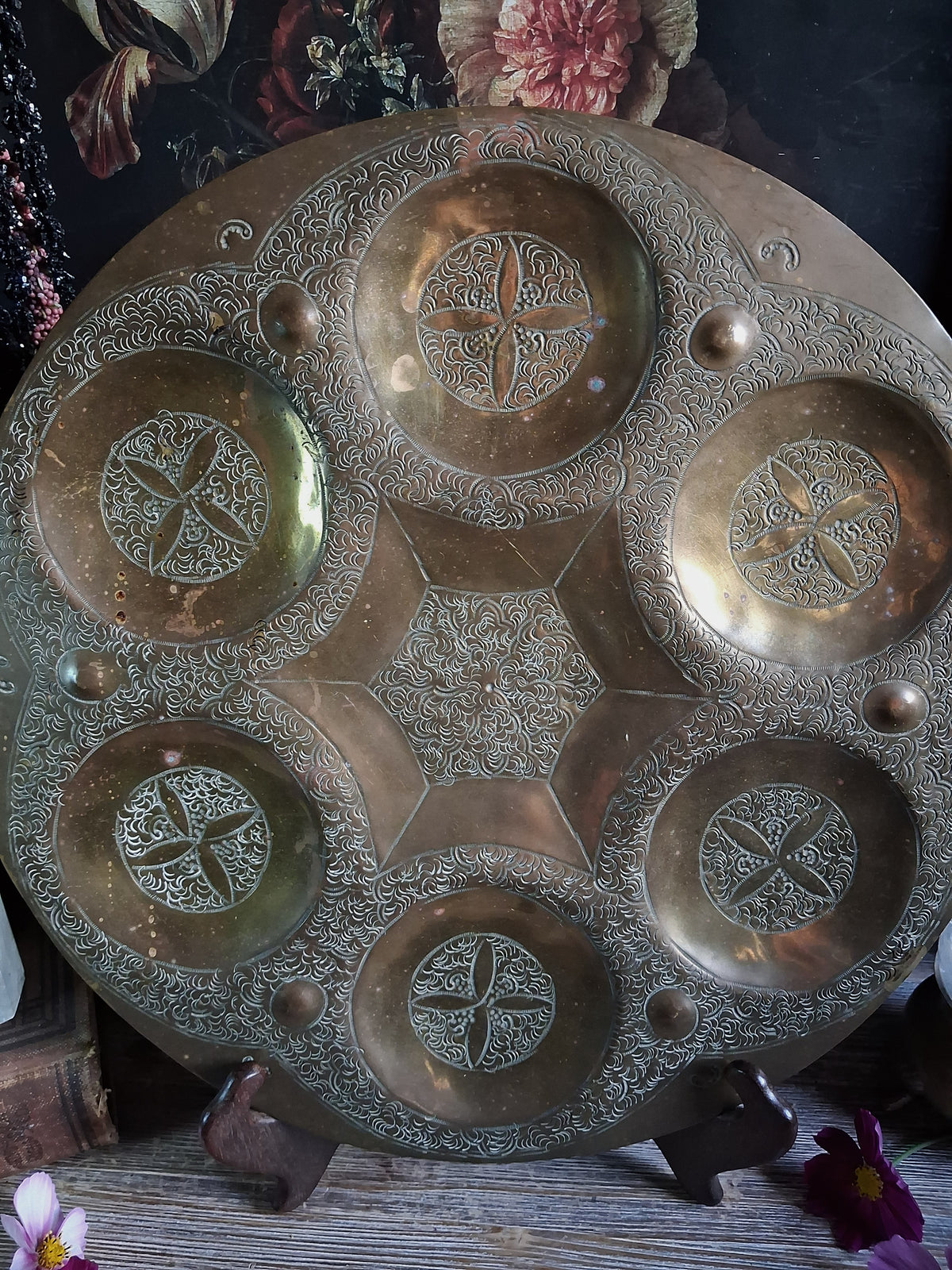 Vintage Engraved Brass Six-Compartment Altar Tray