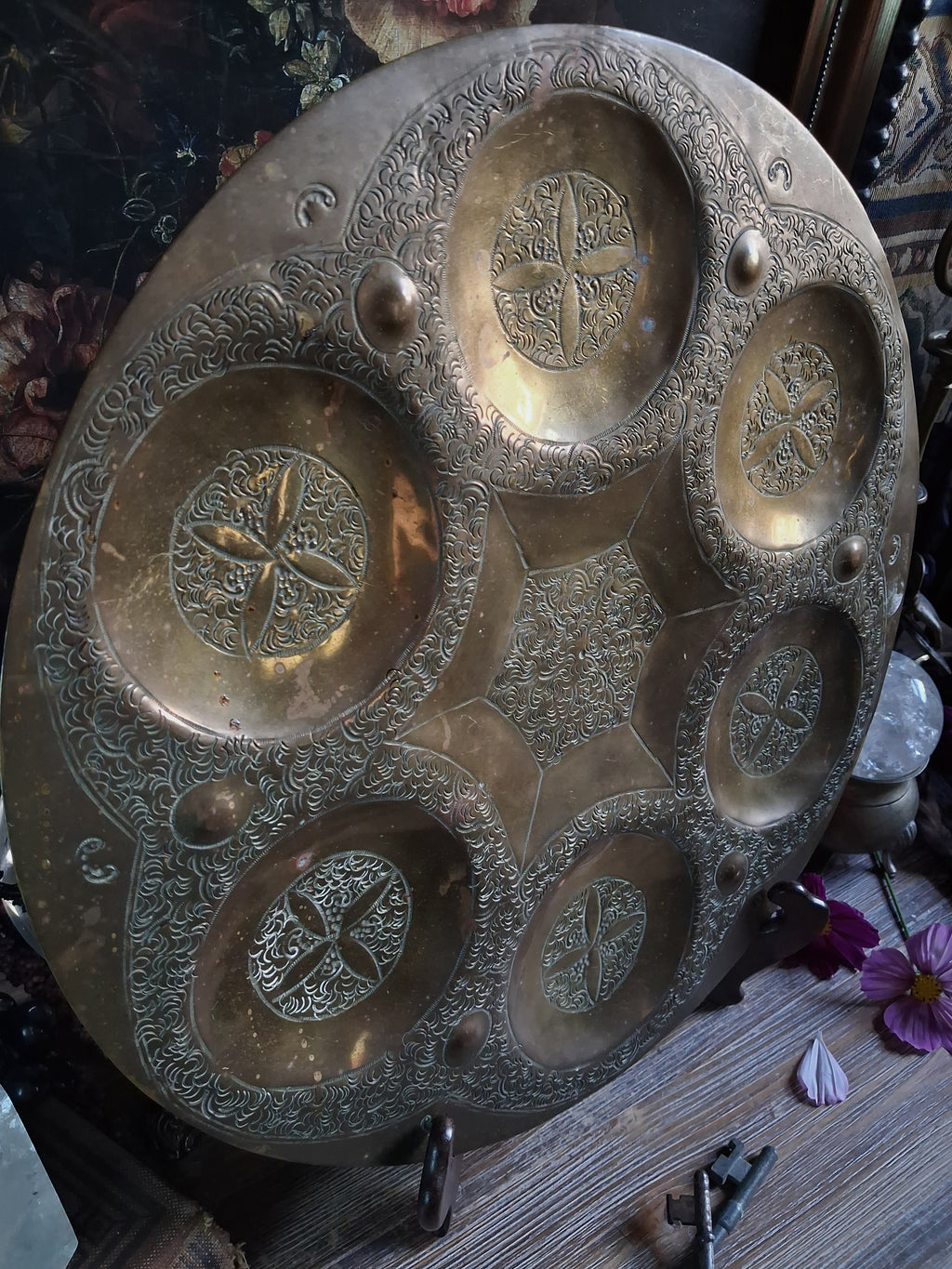 Vintage Engraved Brass Six-Compartment Altar Tray