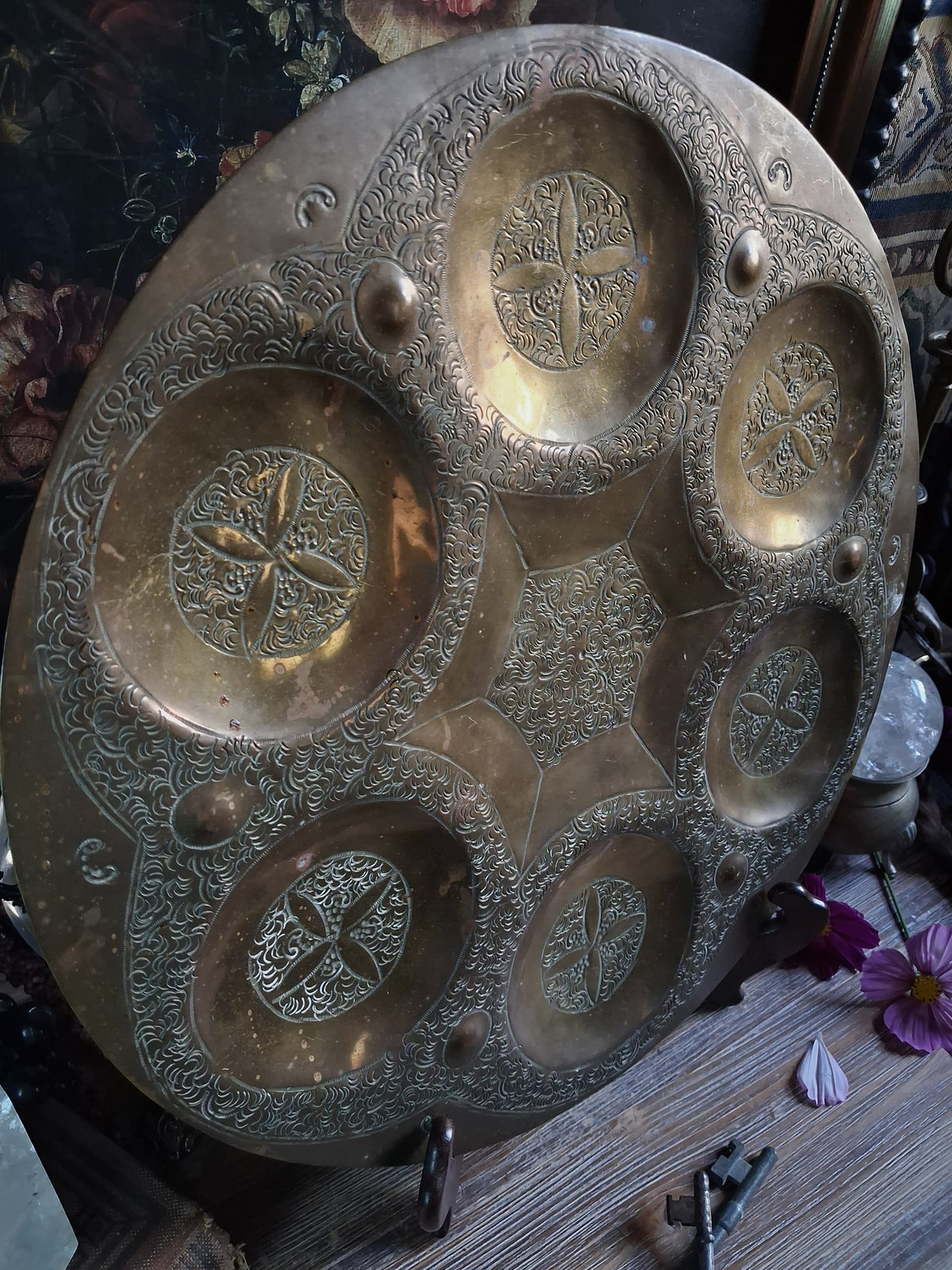 Vintage Engraved Brass Six-Compartment Altar Tray