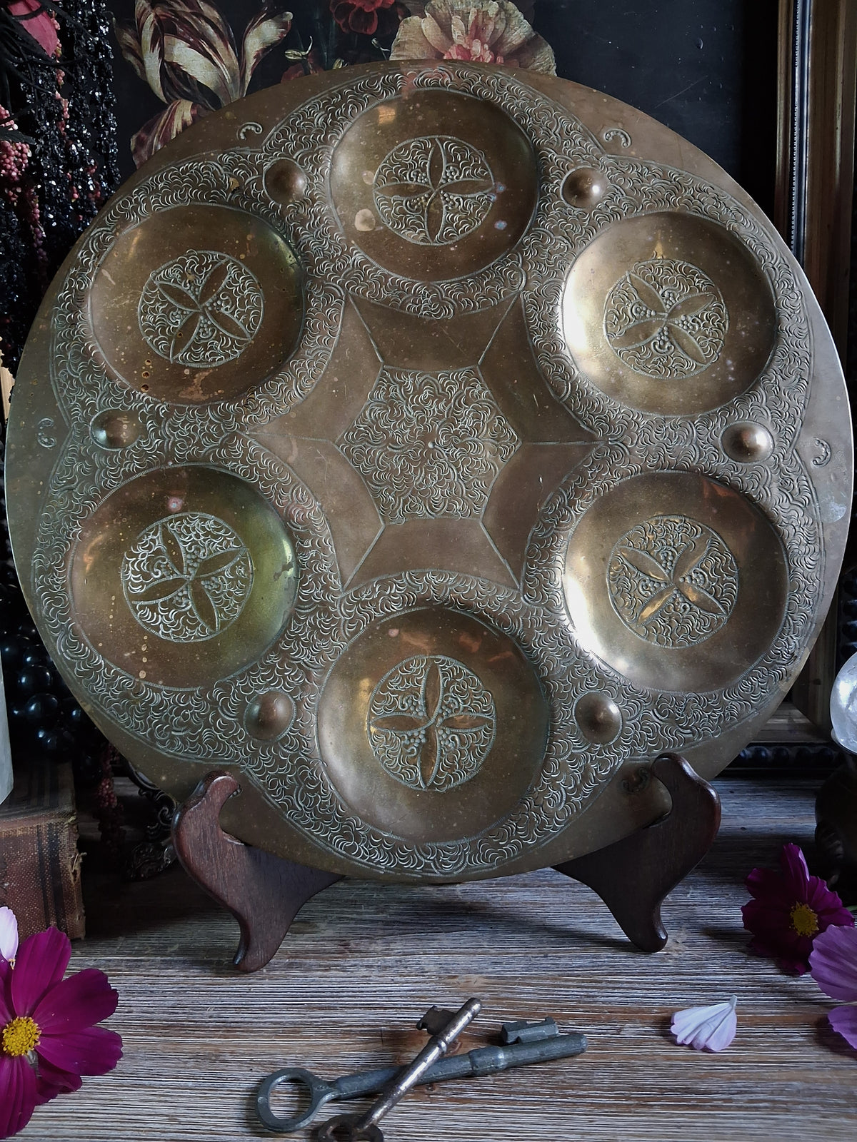 Vintage Engraved Brass Six-Compartment Altar Tray