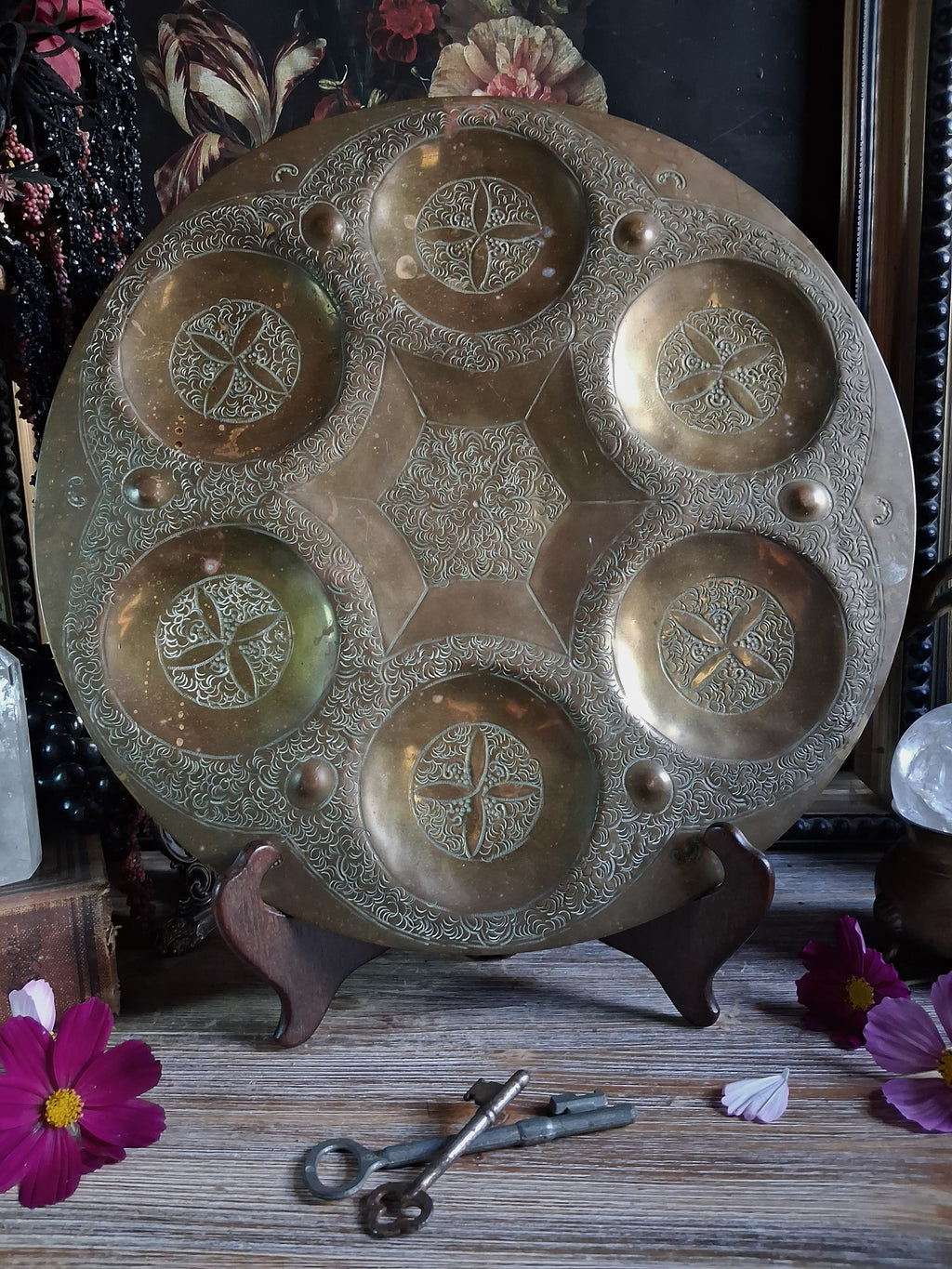 Vintage Engraved Brass Six-Compartment Altar Tray
