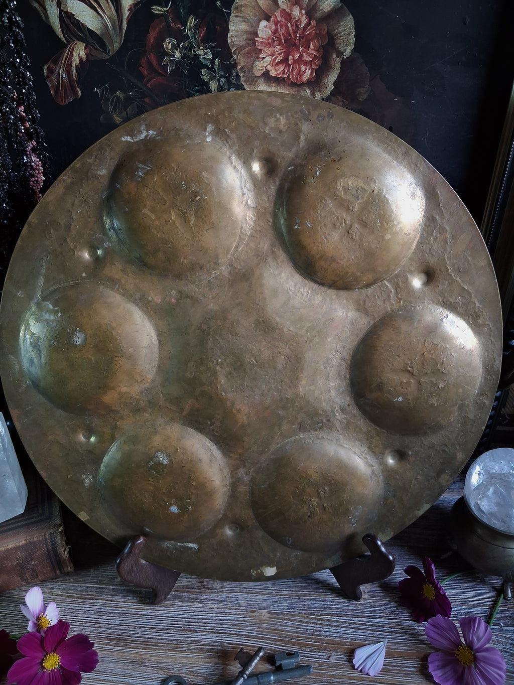 Vintage Engraved Brass Six-Compartment Altar Tray