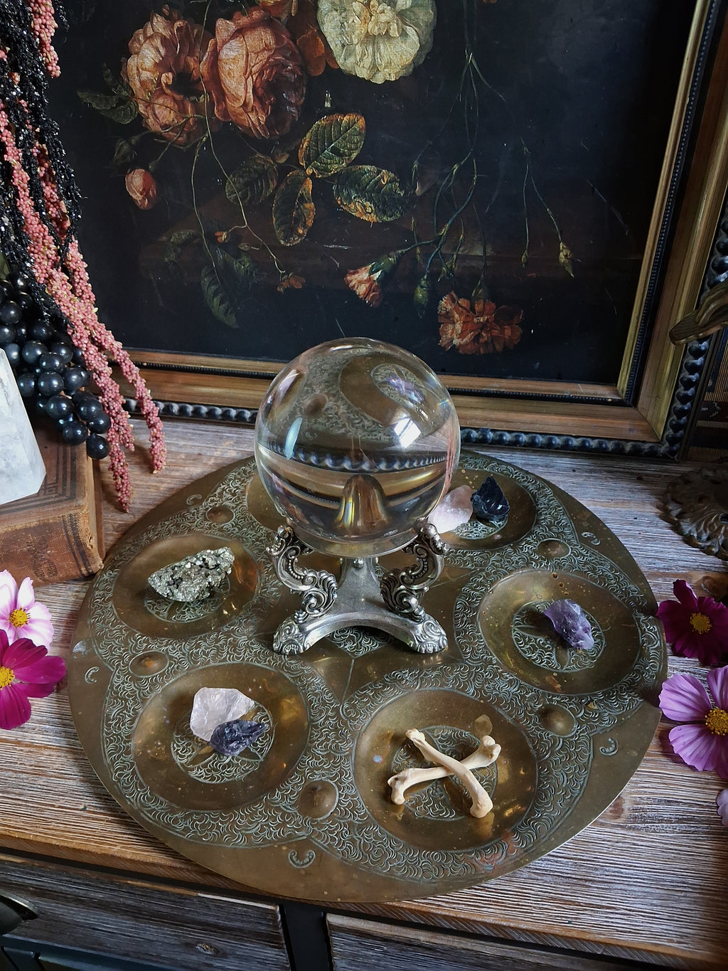 Vintage Engraved Brass Six-Compartment Altar Tray