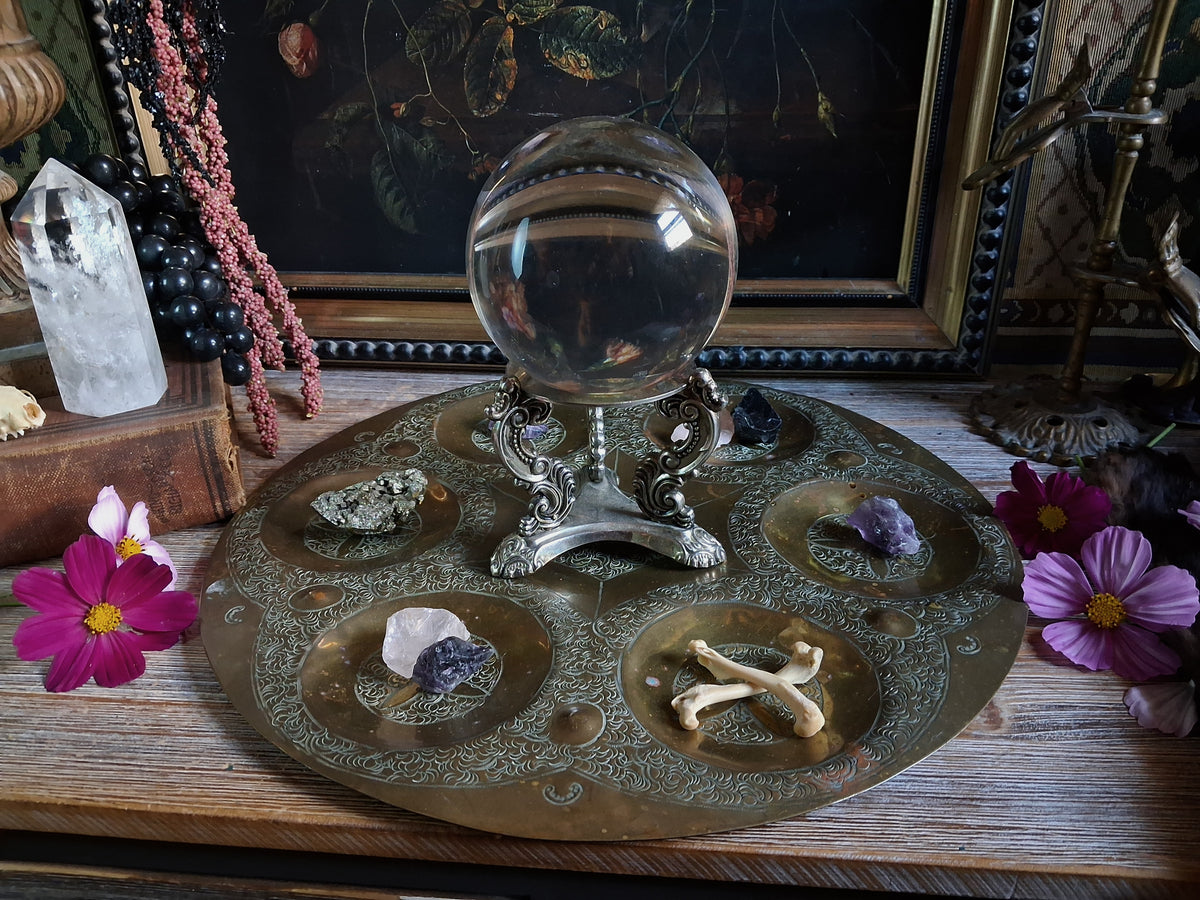 Vintage Engraved Brass Six-Compartment Altar Tray