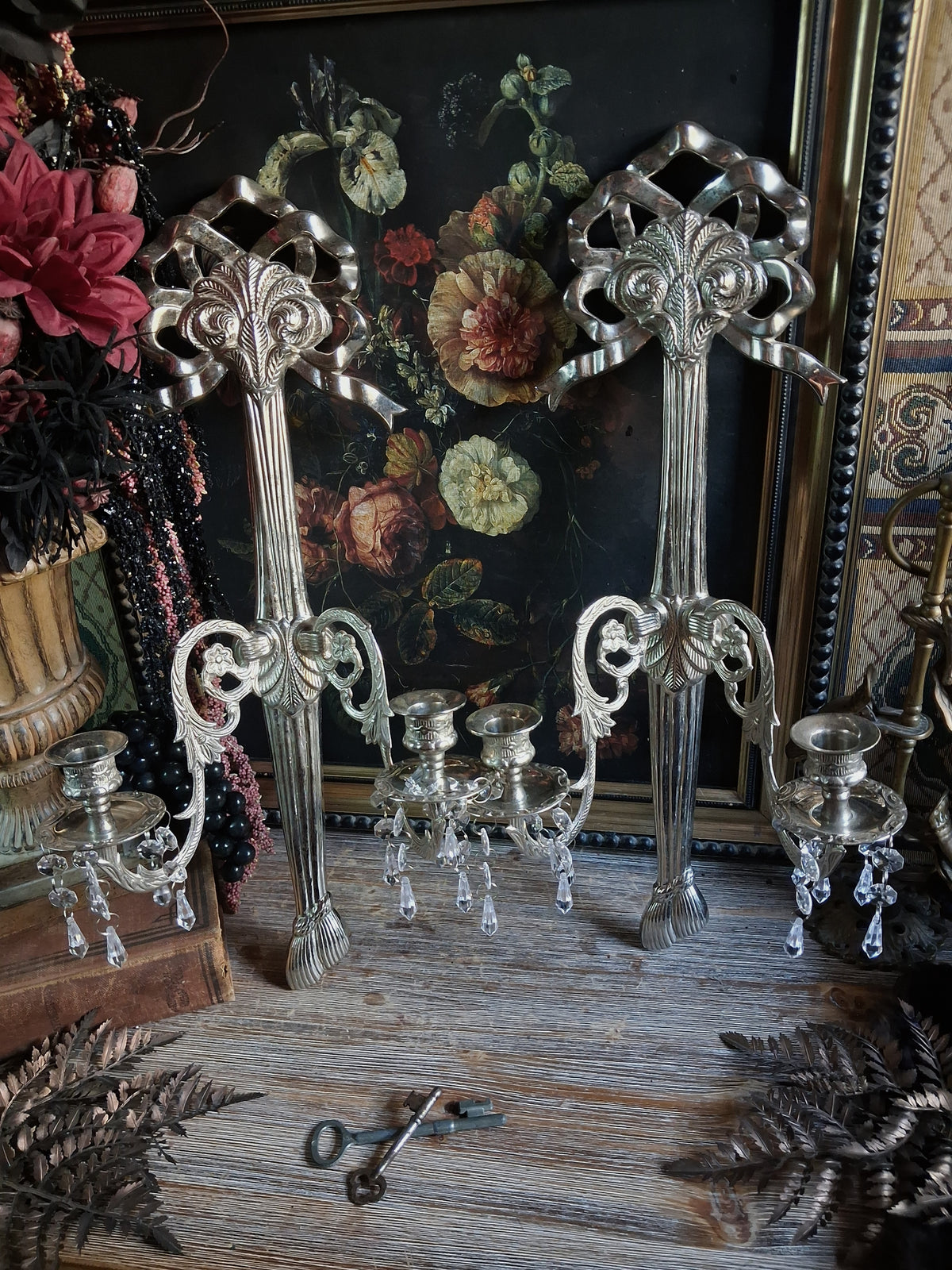 Pair of Vintage Ornate Silver Wall Sconces