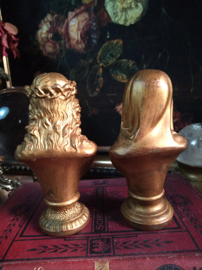 Vintage Gold Sacred Heart Mary & Jesus Busts — Pair