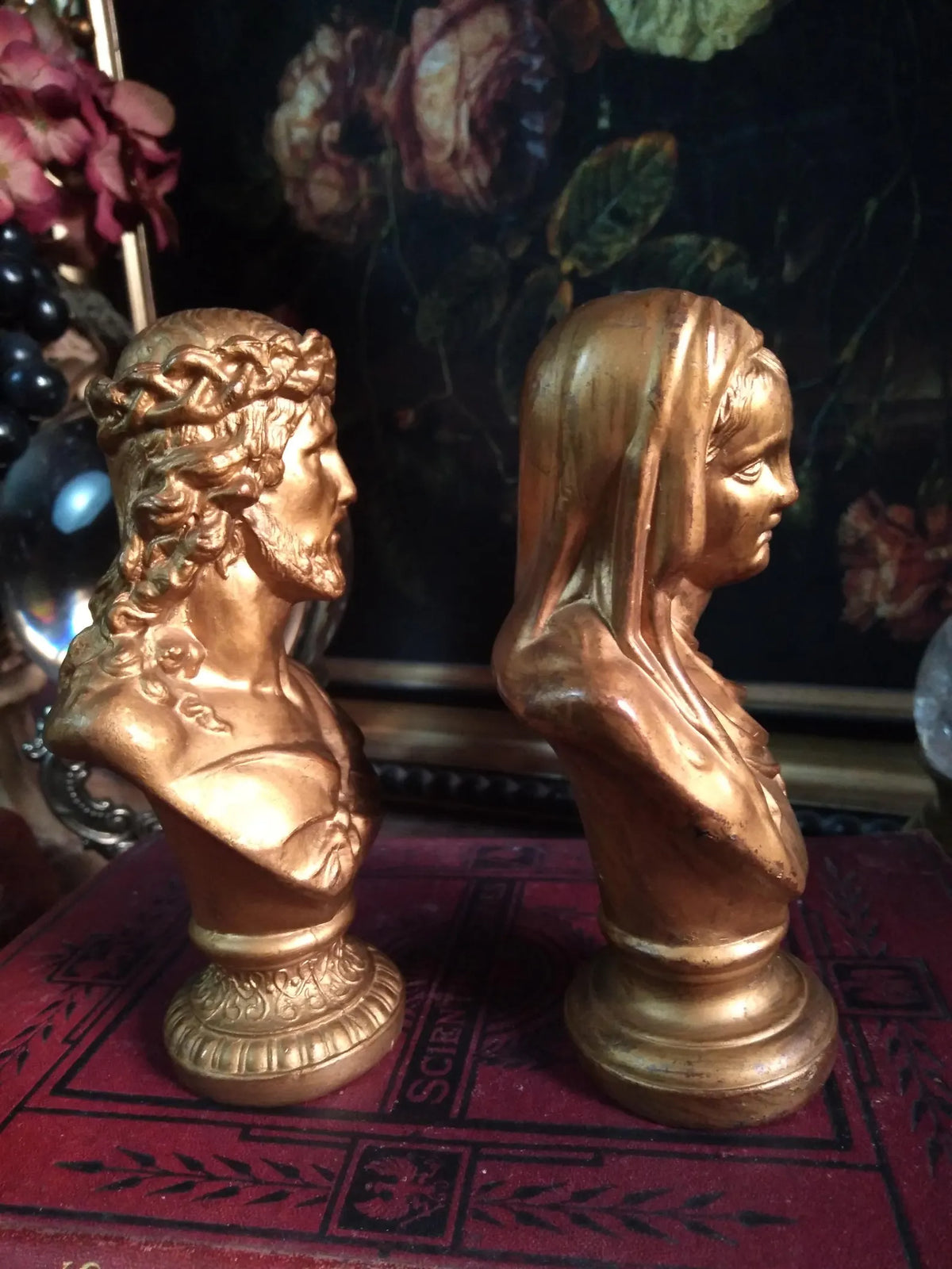 Vintage Gold Sacred Heart Mary & Jesus Busts — Pair