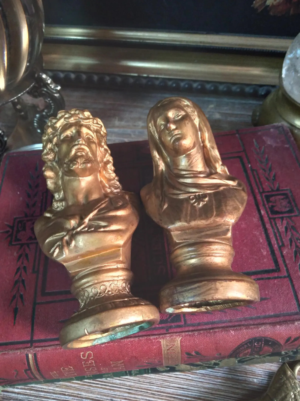 Vintage Gold Sacred Heart Mary & Jesus Busts — Pair
