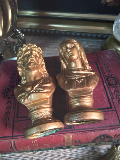 Vintage Gold Sacred Heart Mary & Jesus Busts — Pair