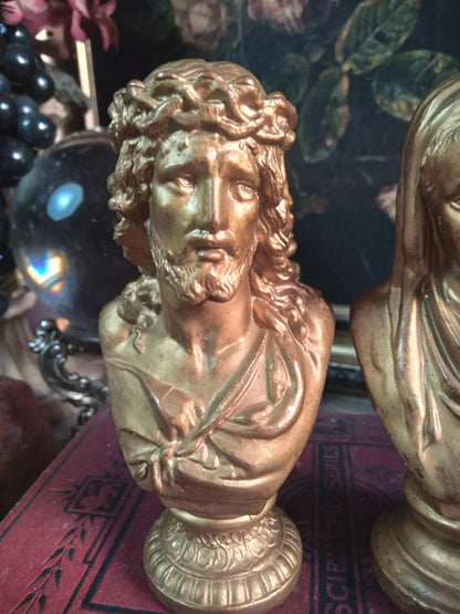 Vintage Gold Sacred Heart Mary & Jesus Busts — Pair