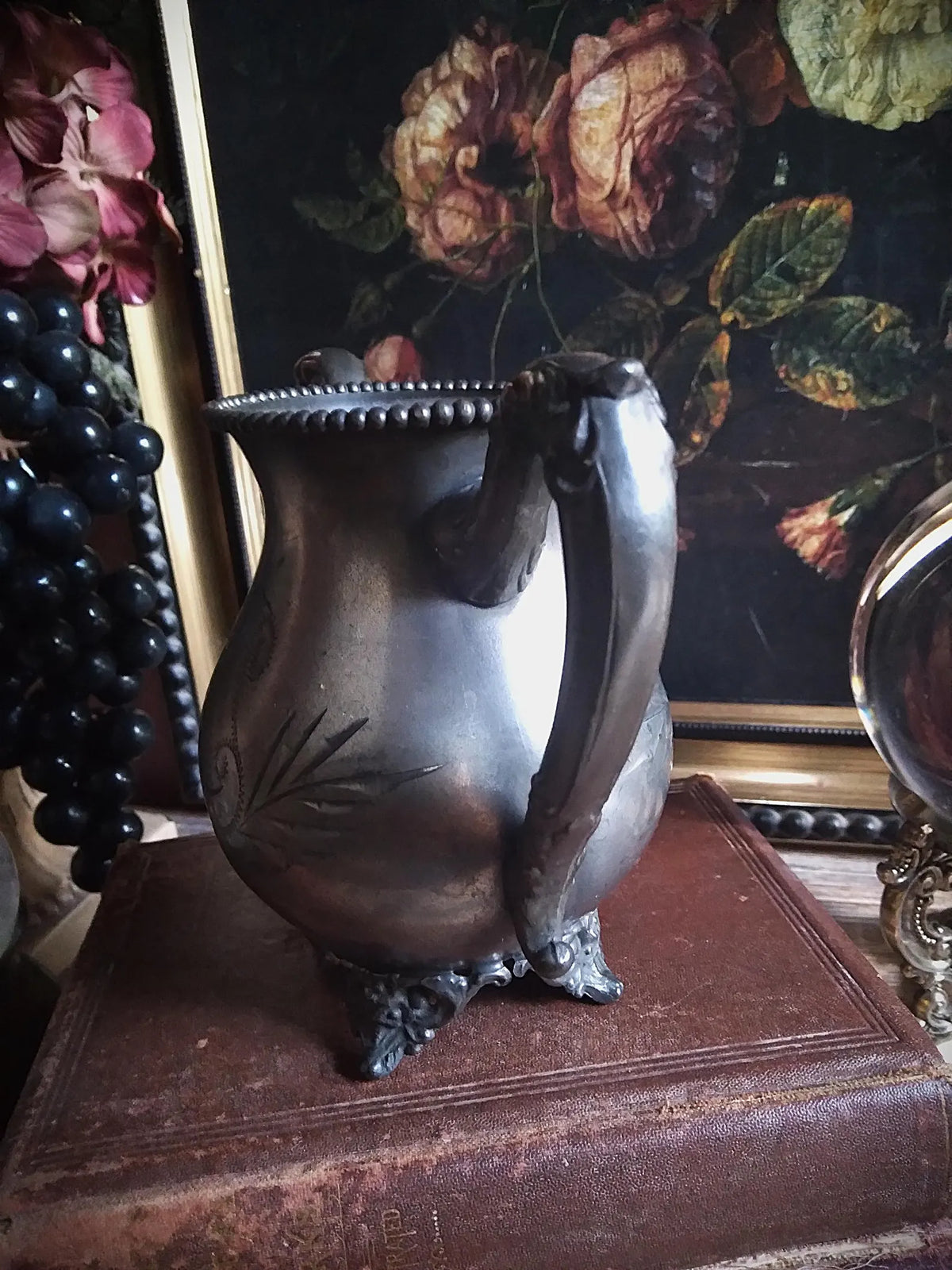Antique Silver Engraved Footed Cauldron