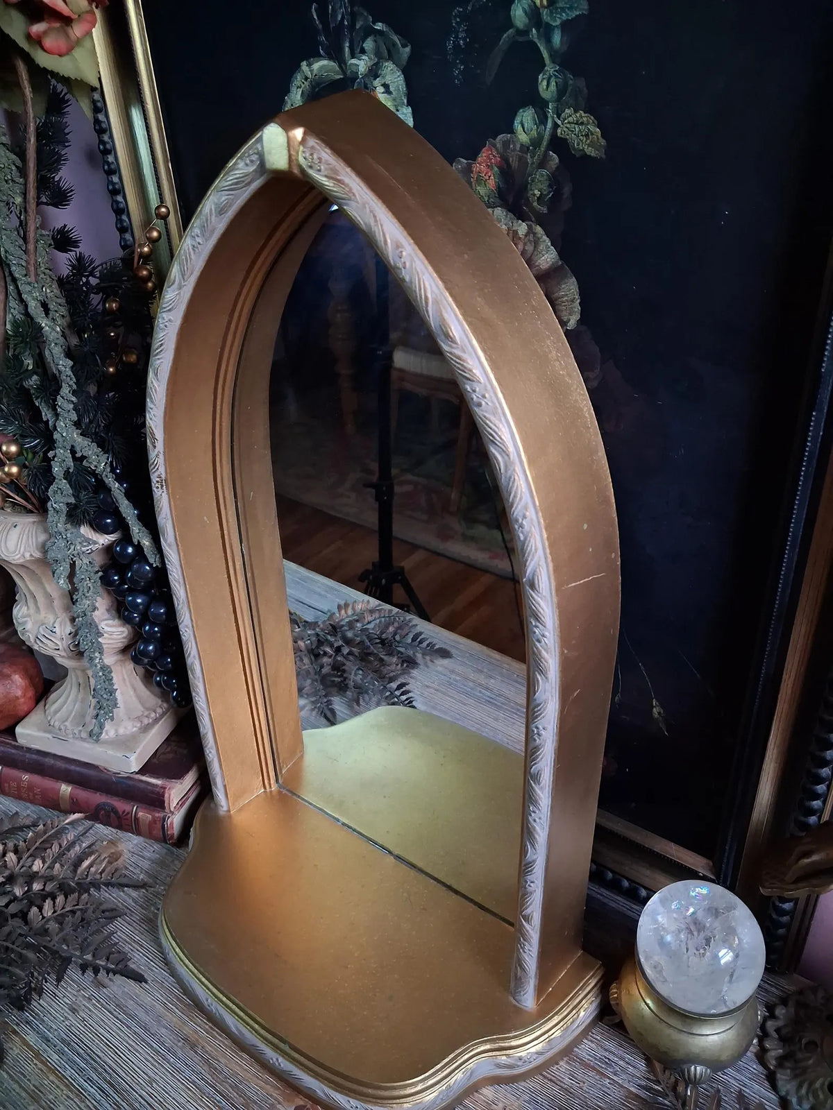 Vintage Gold Gothic Arched Mirror Shelf