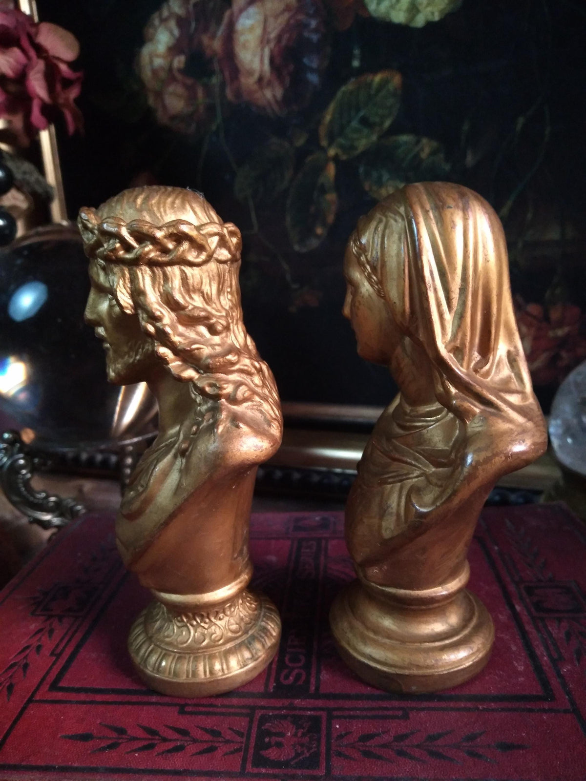 Vintage Gold Sacred Heart Mary & Jesus Busts — Pair