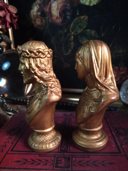 Vintage Gold Sacred Heart Mary & Jesus Busts — Pair