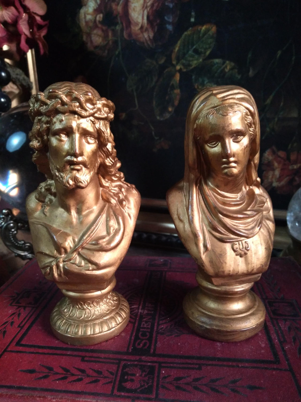 Vintage Gold Sacred Heart Mary & Jesus Busts — Pair