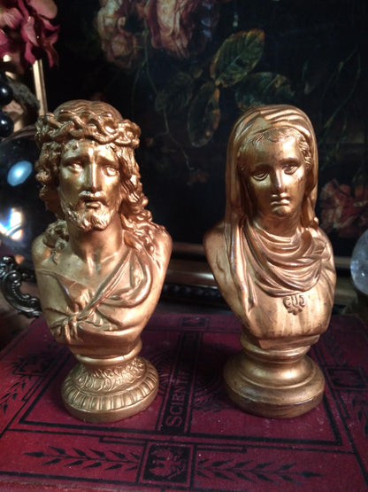 Vintage Gold Sacred Heart Mary & Jesus Busts — Pair