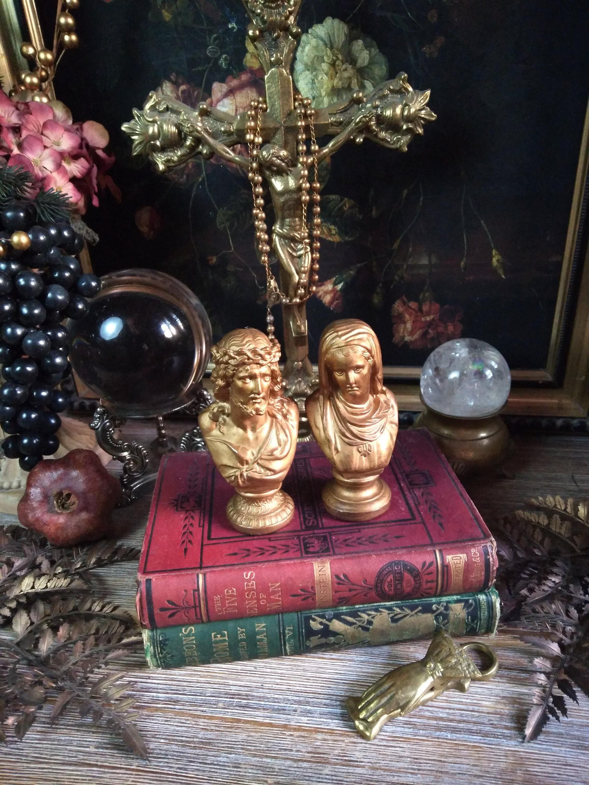 Vintage Gold Sacred Heart Mary & Jesus Busts — Pair