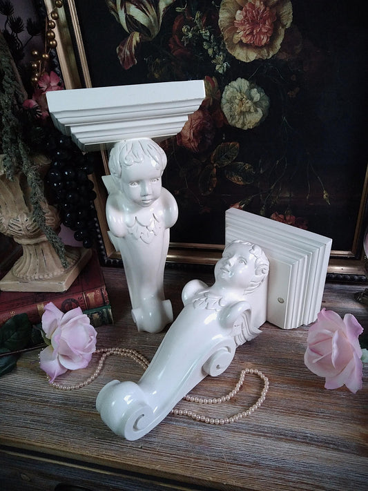 Vintage Hand-Carved Angel Corbels — Pair