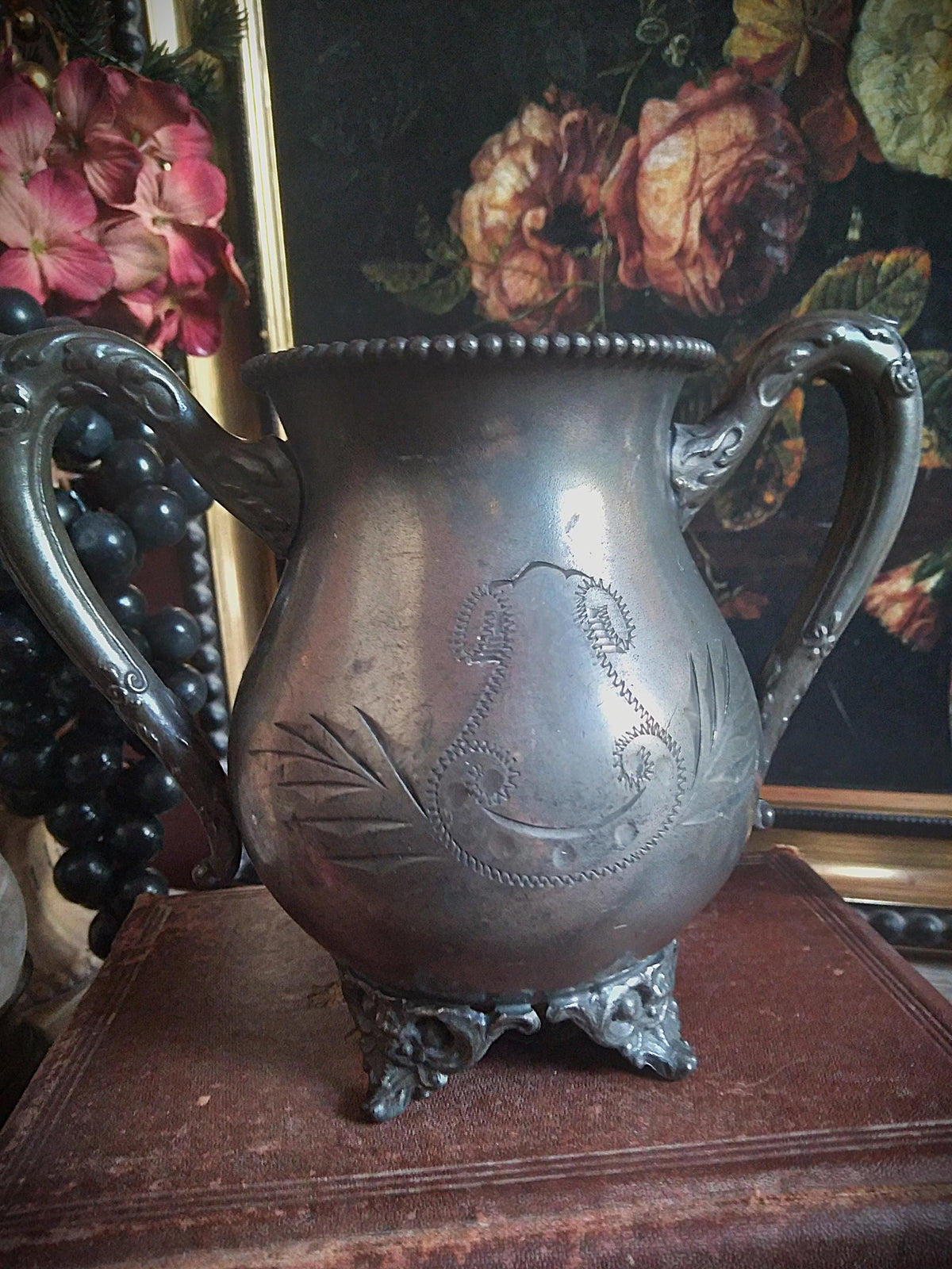 Antique Silver Engraved Footed Cauldron