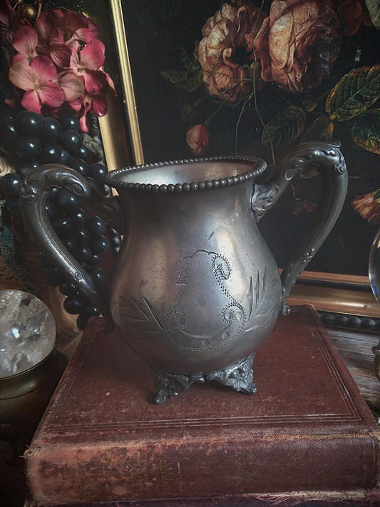 Antique Silver Engraved Footed Cauldron