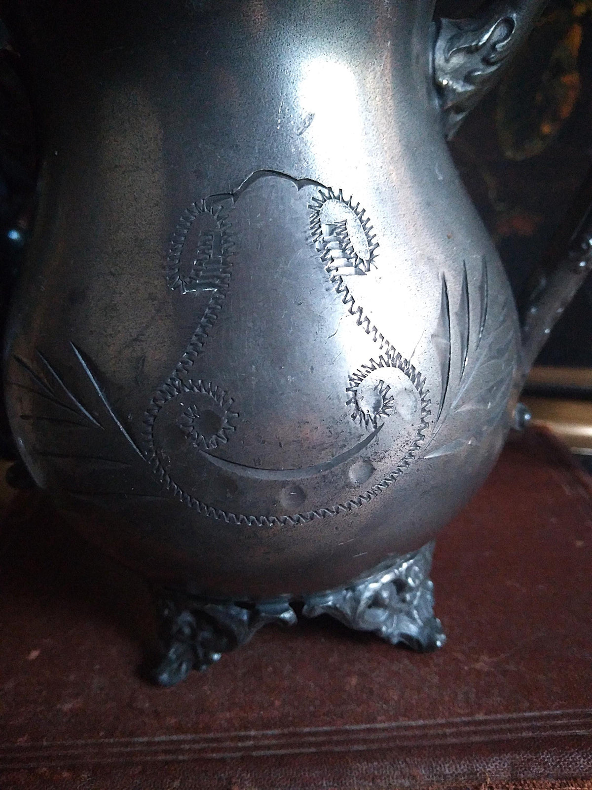 Antique Silver Engraved Footed Cauldron