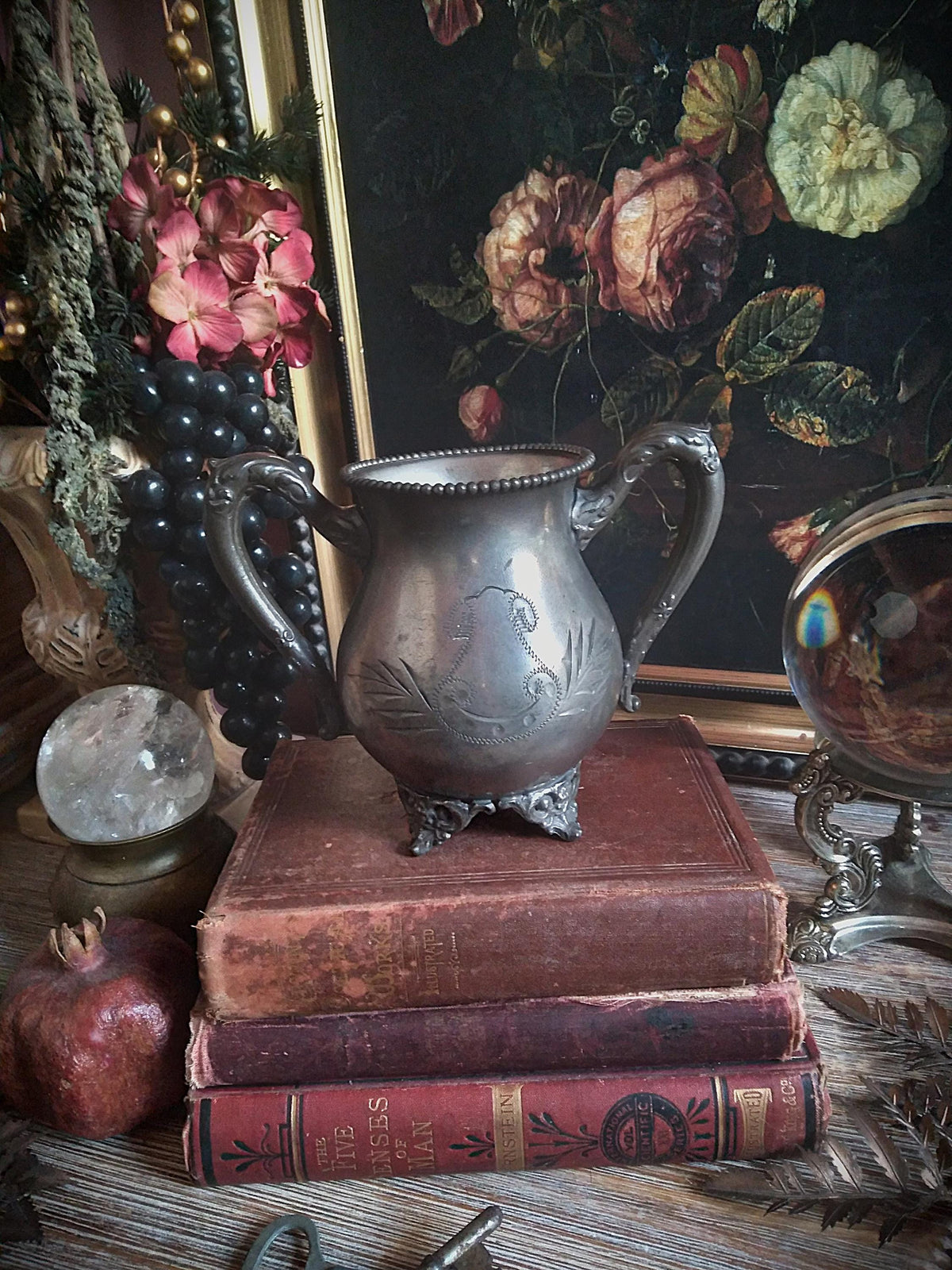 Antique Silver Engraved Footed Cauldron