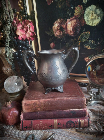 Antique Silver Engraved Footed Cauldron