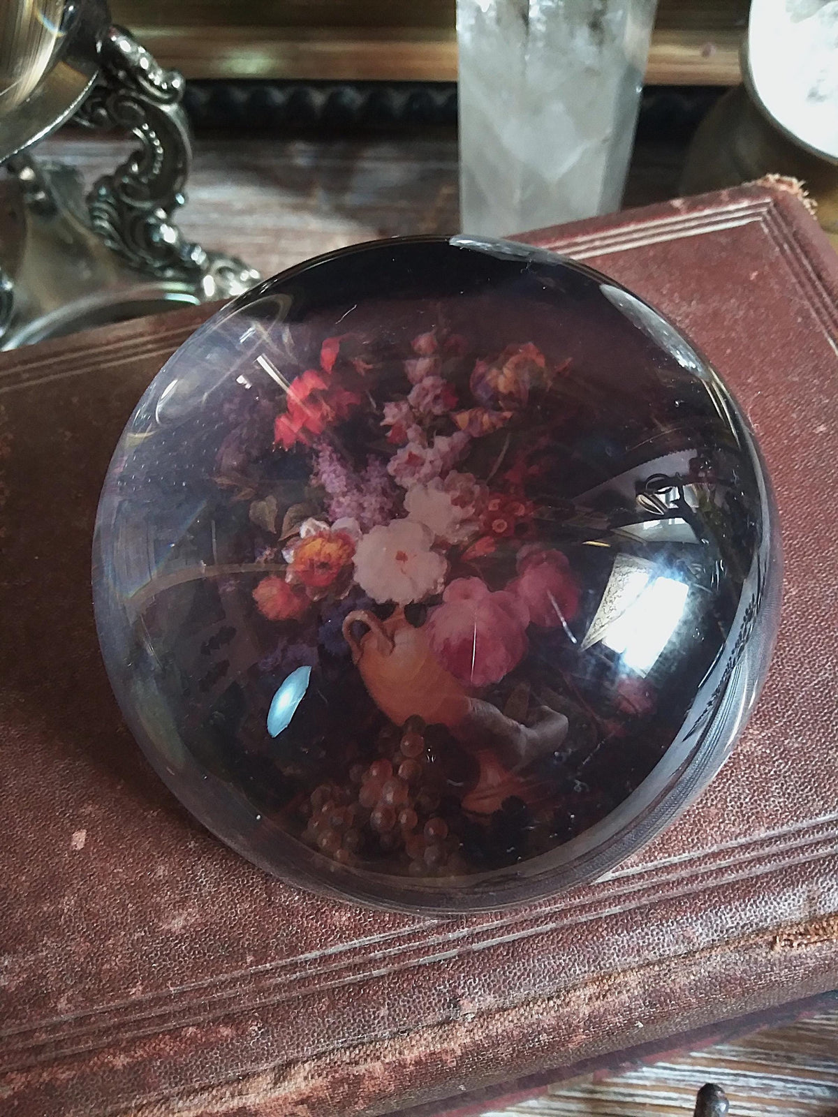 Vintage Dark Floral Magnifying Dome Paperweight